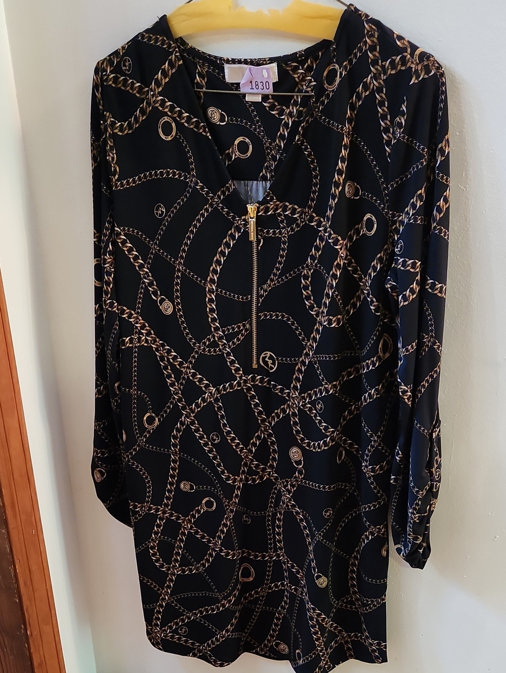Michael Kors Black Chain-Print V-Neck Long-Sleeve Top with Gold Zip